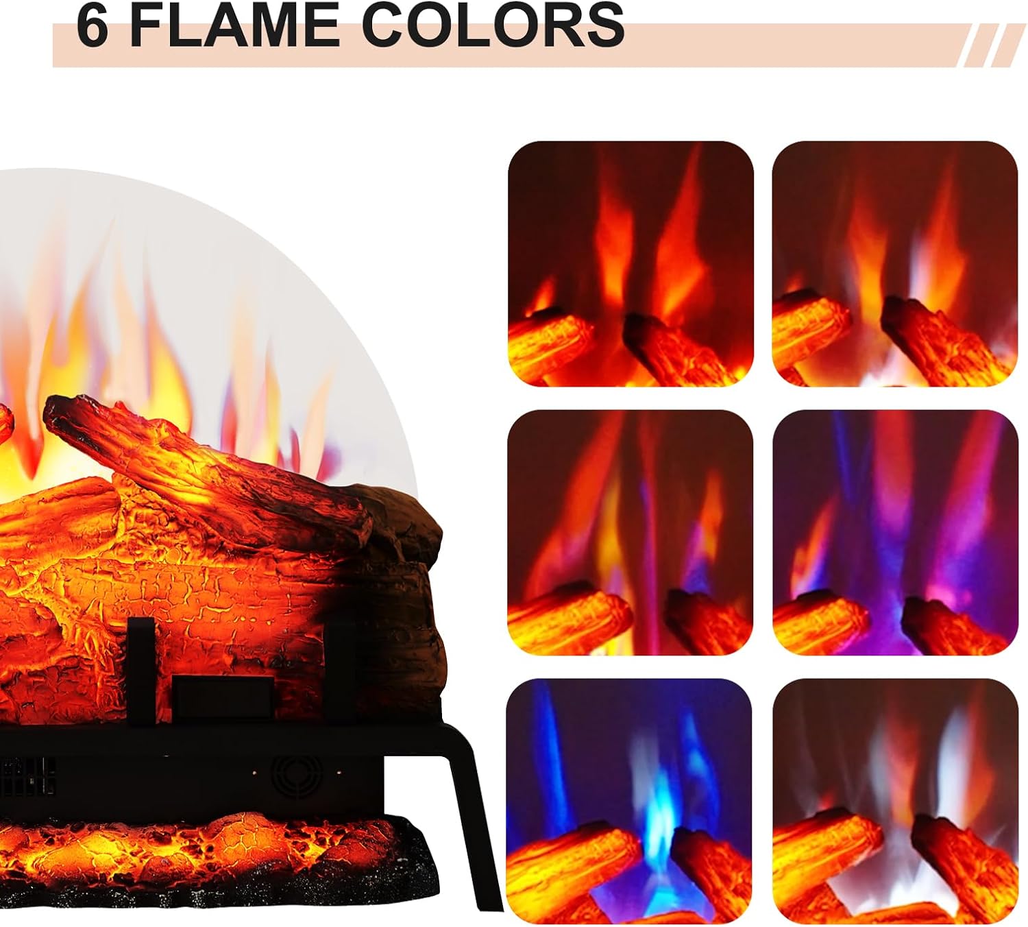 PuraFlame 24 Free Standing Electric Fireplace Log Set Insert, 750W/1500W Heater, 6 Flame Colors with 5 Brightness, Crackling Sound, Remote Control