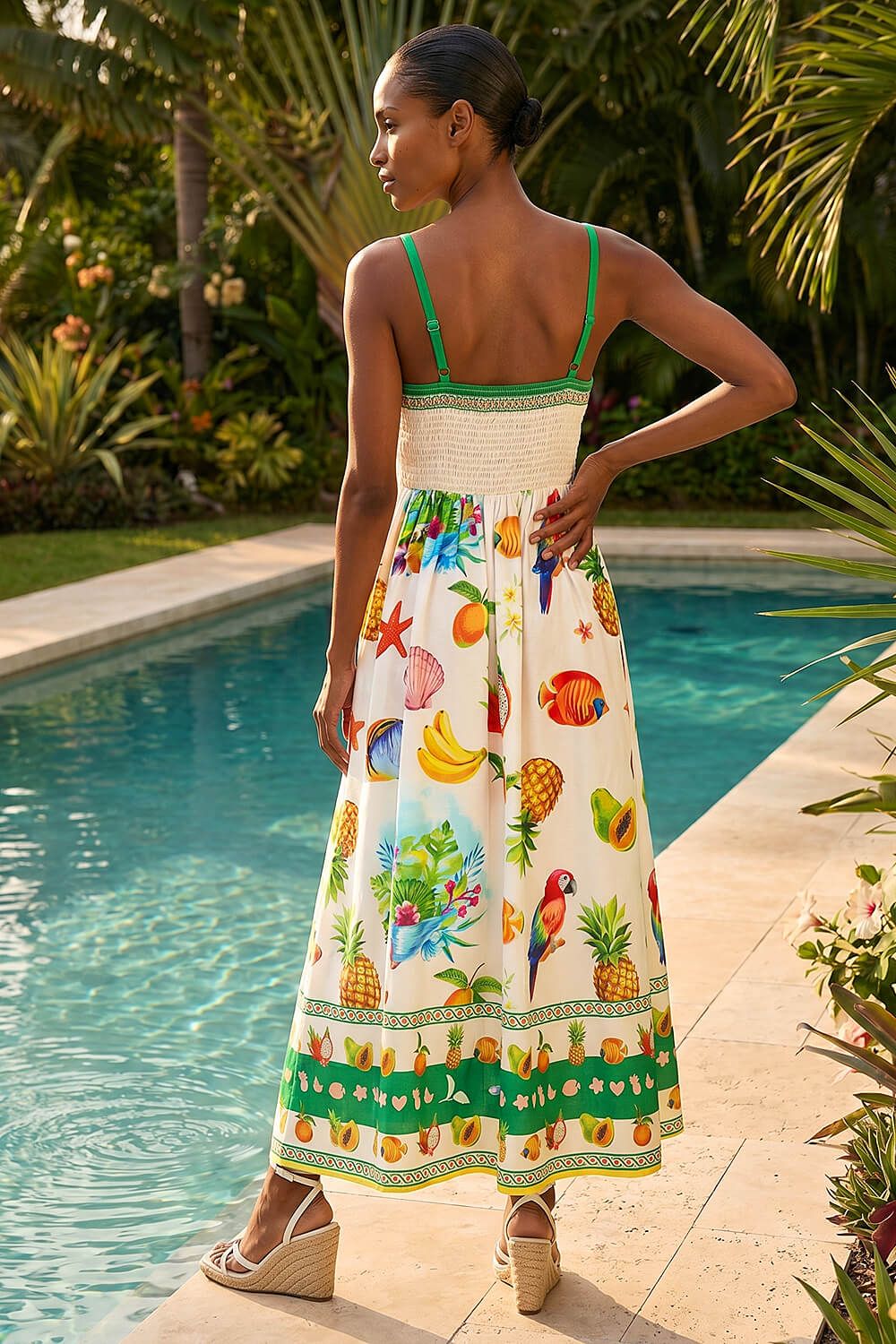 Roman Fruit Print Strap Detail Midi Dress