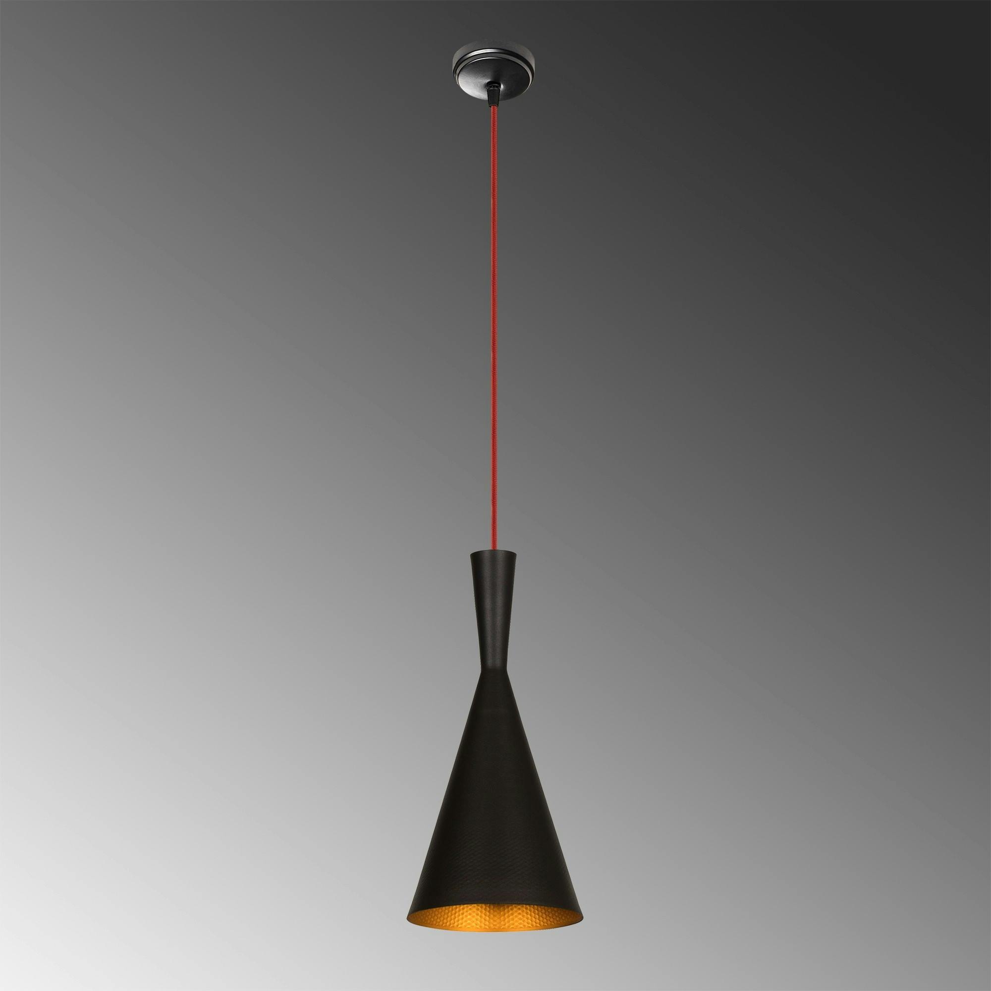Lampe de chevet suspendue noire mat câble rouge, forme cône SILE