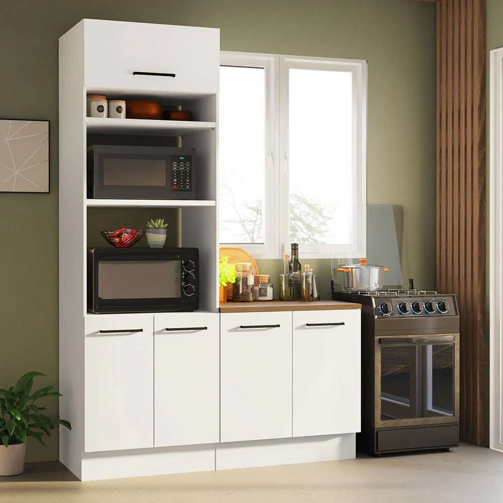 Madesa Hazel 2-Piece Kitchen Storage Set with 3 Doors 3 Shelves Pantry Cabinet and 2 Doors Base Cabinet 59 Inch Wooden - White