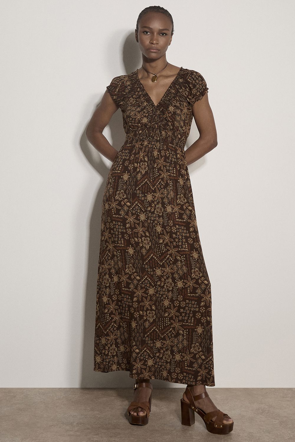 Apricot Batik Floral Smocked Maxi Dress