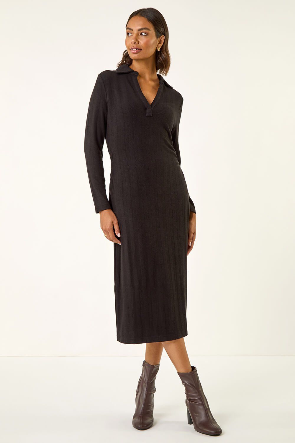 Roman Collar Ribbed Knit Miid Dress