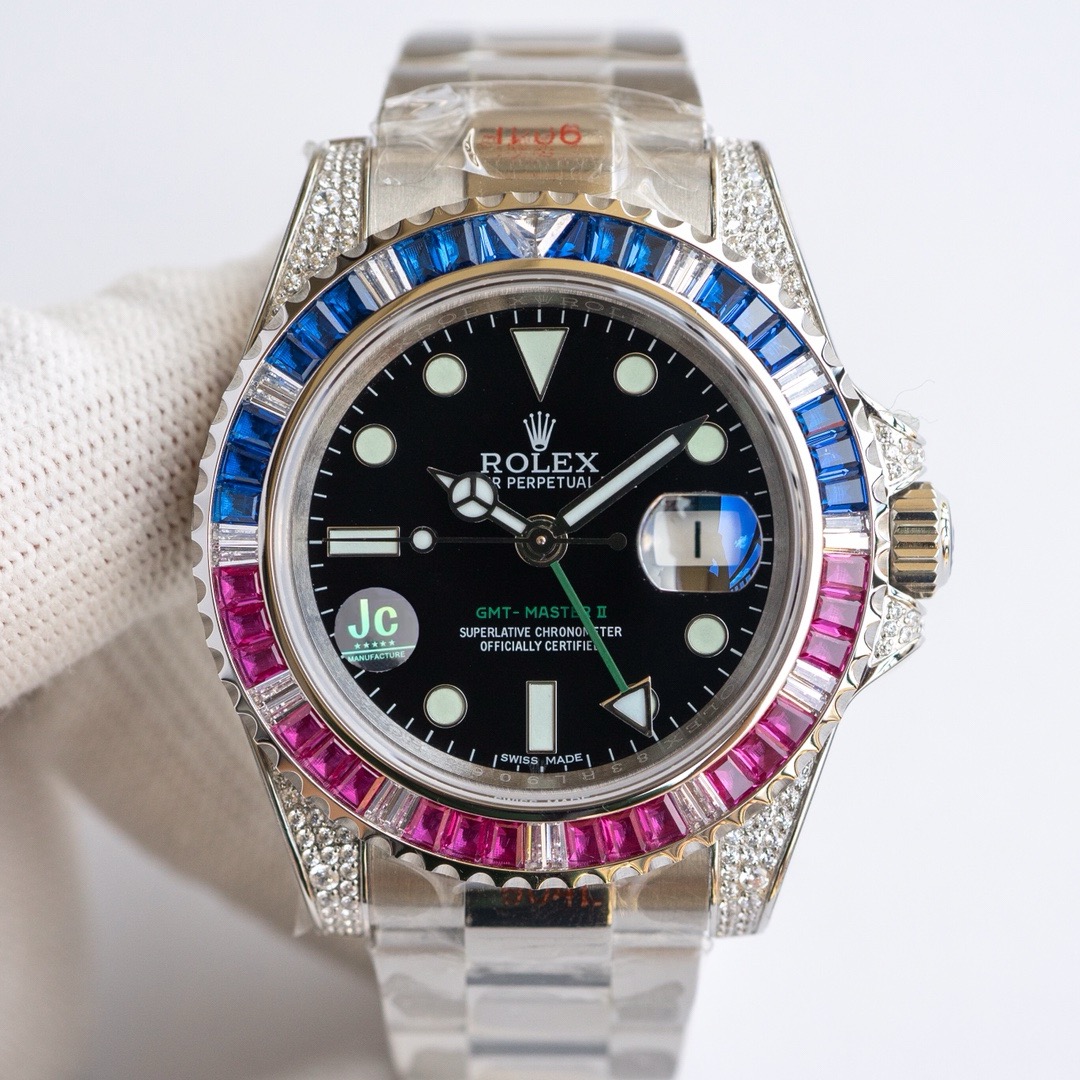 -Rolex GMT-Master II 18K White Gold Gem-Set Bezel and Case Watch -11