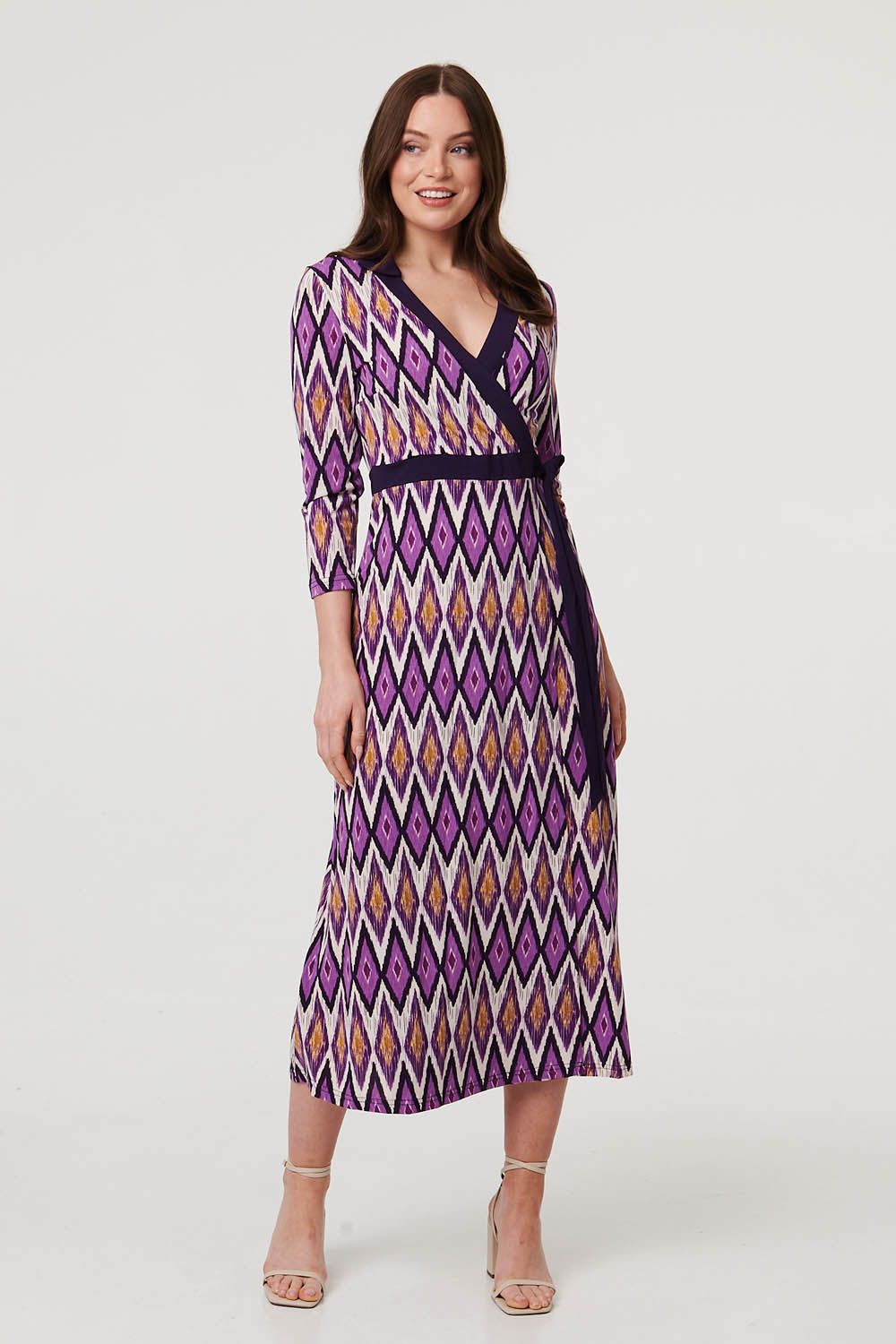 Izabel London Geo Print 3/4 Sleeve Wrap Midi Dress
