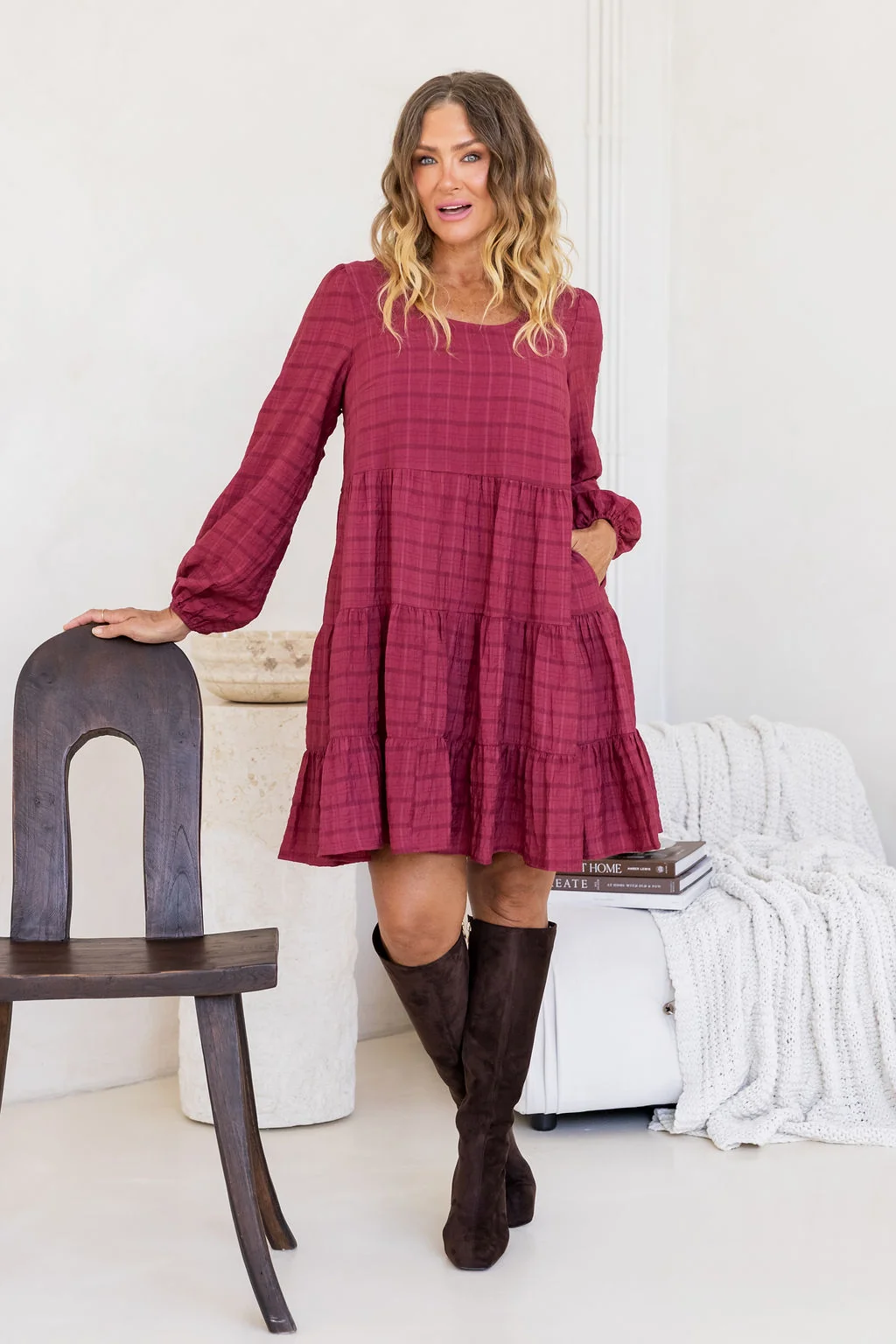 Long Sleeve Greta Dress in Wine