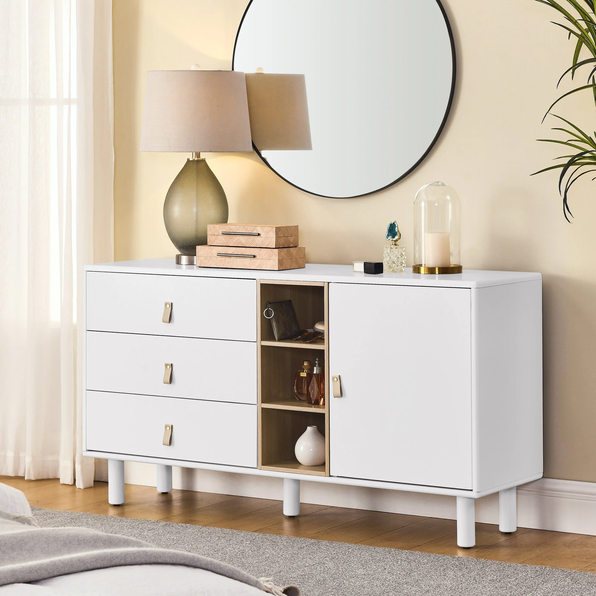 Horizontal Dresser with 3-Drawer and One Door, Storage Cabinet, Multifunctional Storage Cabinet, Wooden Storage Cabinet