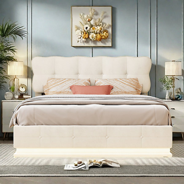 Lit double 140x200cm en velours beige avec rangement à vérin, éclairage LED multicolore sous le lit, télécommande incluse