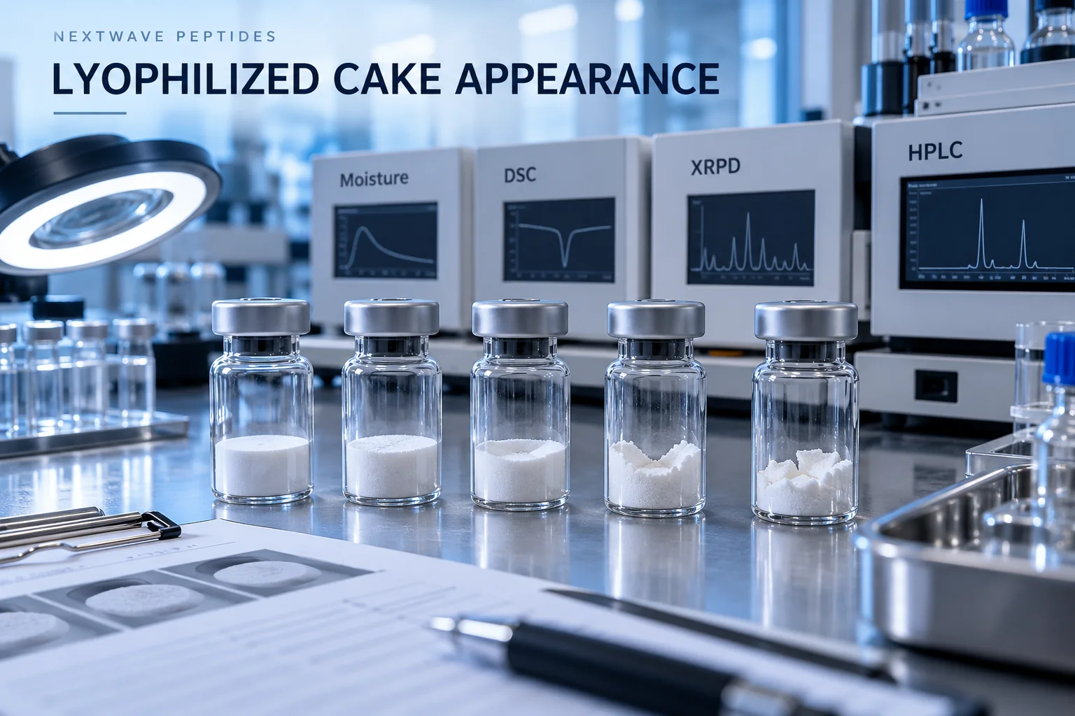 Five research vials with different lyophilized cake appearances beside moisture, DSC, XRPD, and HPLC instruments.