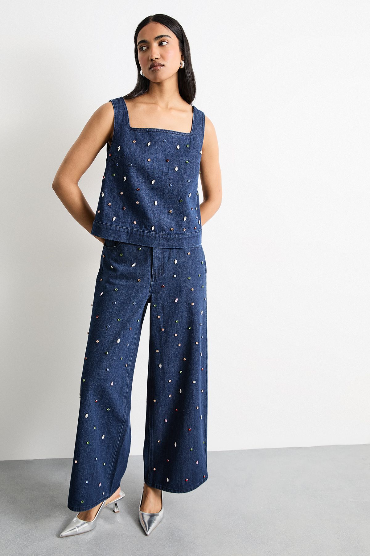 Warehouse Hotfix Embellished Denim Square Neck Top
