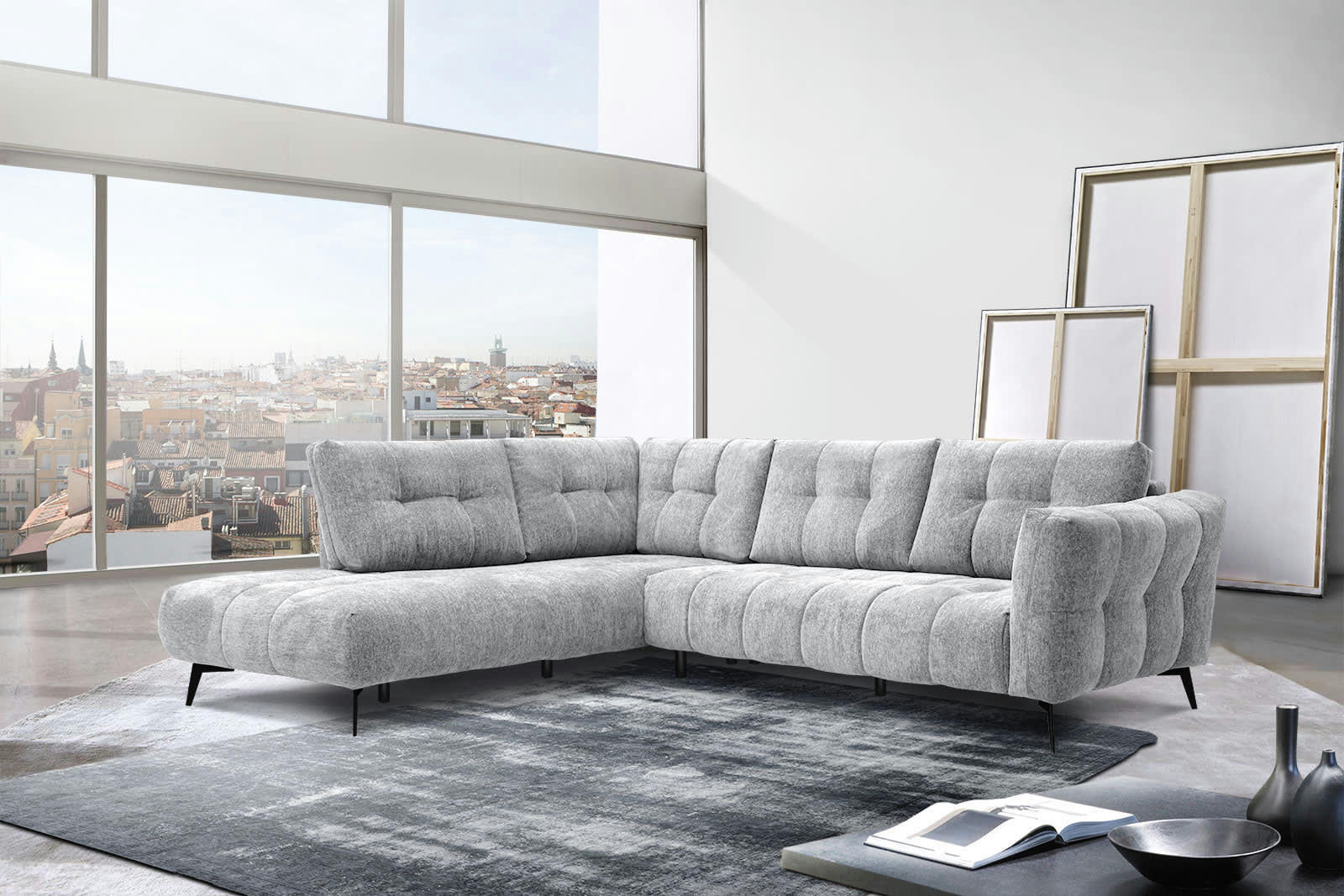 KALMER - Canapé d'angle gauche 5 places tissu gris clair