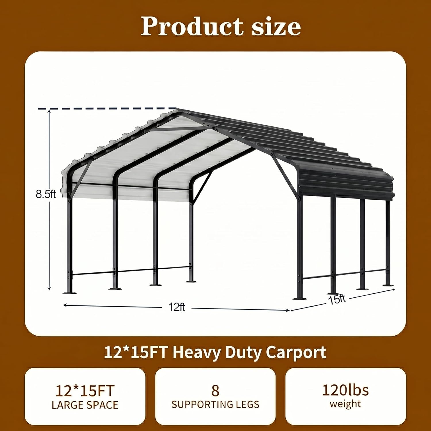 12x15 FT Heavy Duty Metal Carport, All-Weather Outdoor Vehicle Shelter with Steel Roof & Reinforced Frame, Permanent Car Canopy for Trucks, SUVs, Boats & Garden Storage(Gray)