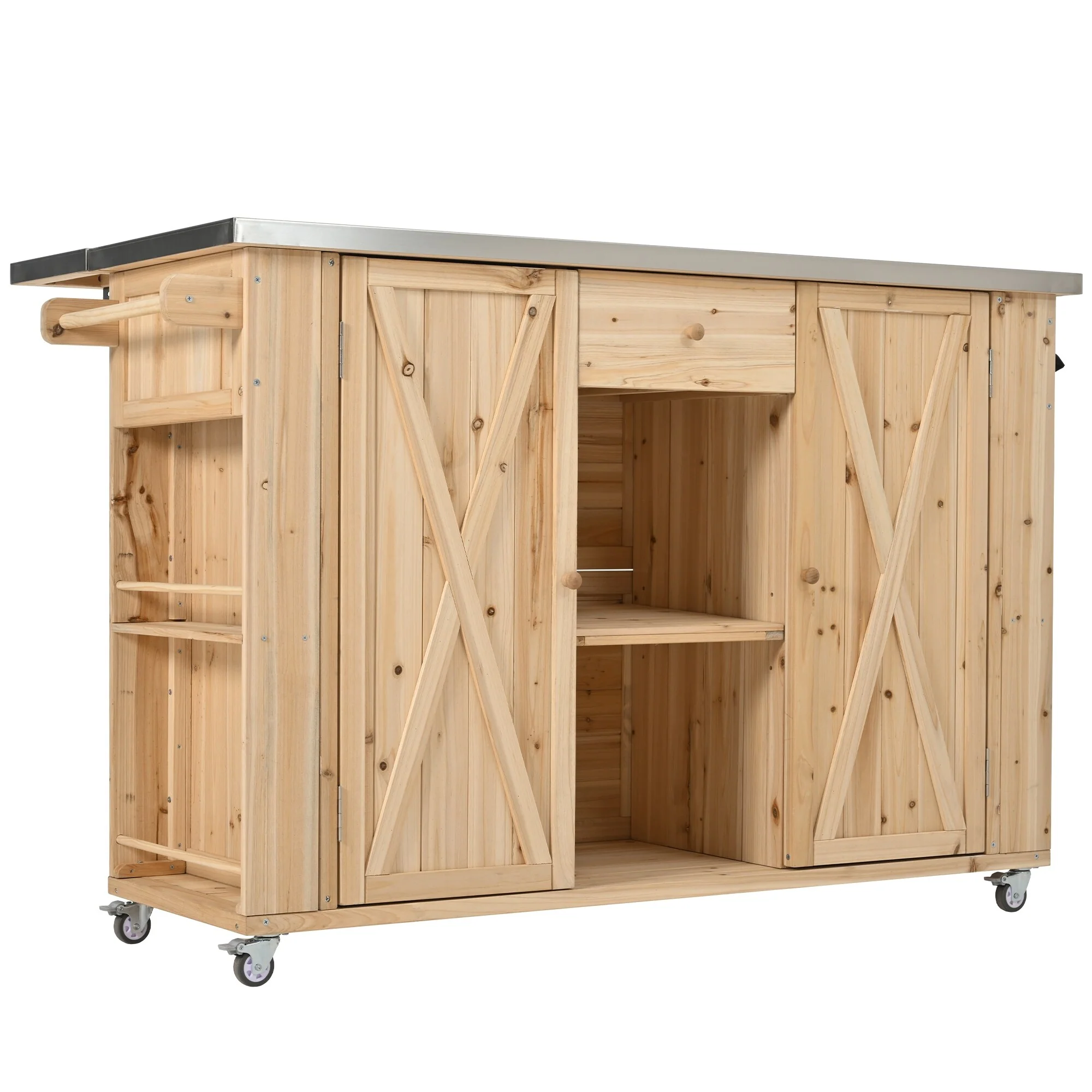 Outdoor Kitchen Island, Rustic Fir Wood with Stainless Steel Top and Smart Storage