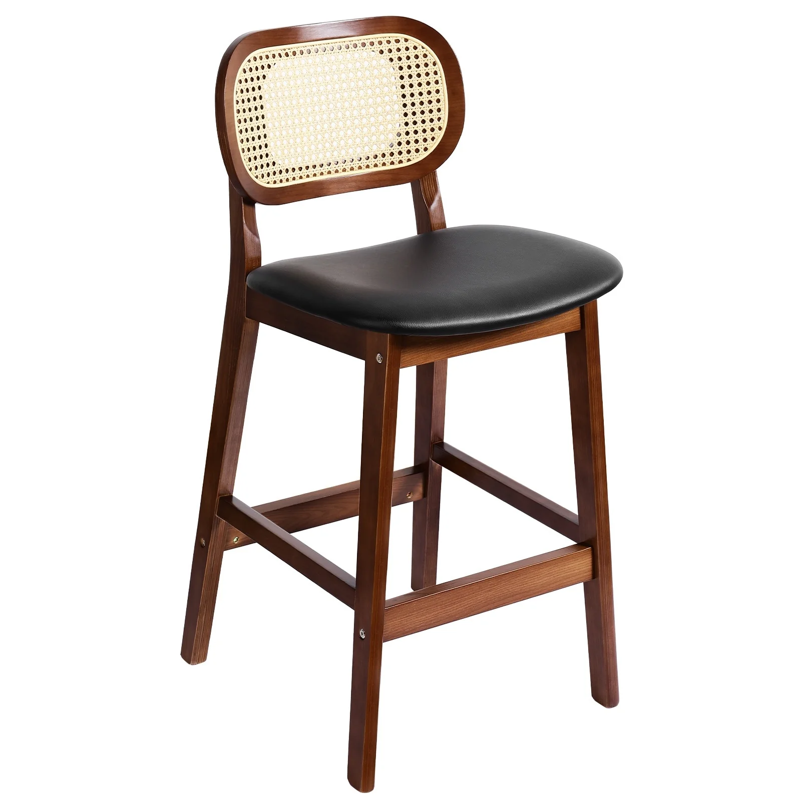 Wood Upholstered Counter Height Bar Stools with Rattan Back - 36.81H x 17.72W x 18.7D