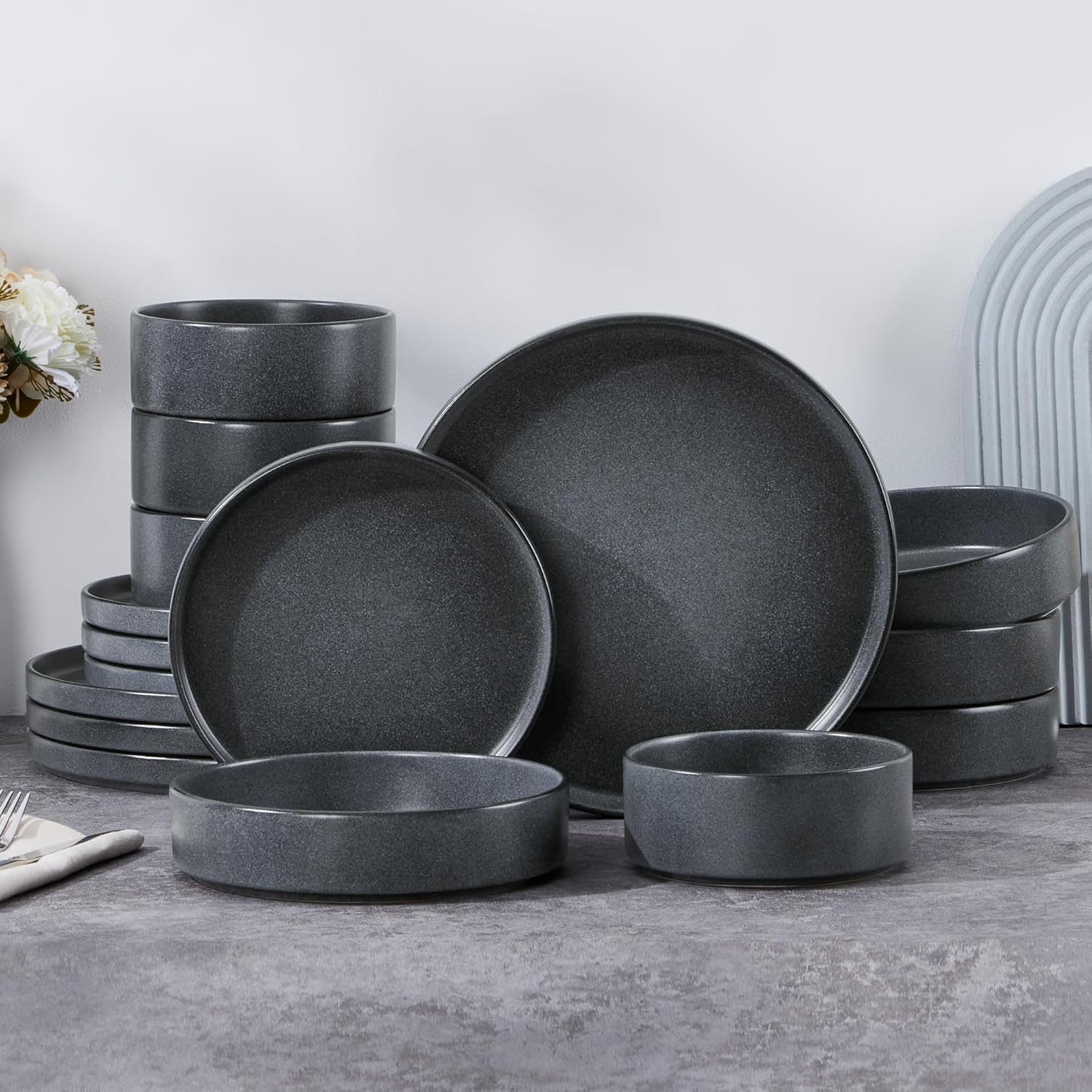 E-far 16-Piece Plates and Bowls Sets - Stoneware Dinnerware Sets with Pasta Bowls for 4 | Microwave & Dishwasher Safe Kitchen Modern Dish Set, Deep Gray