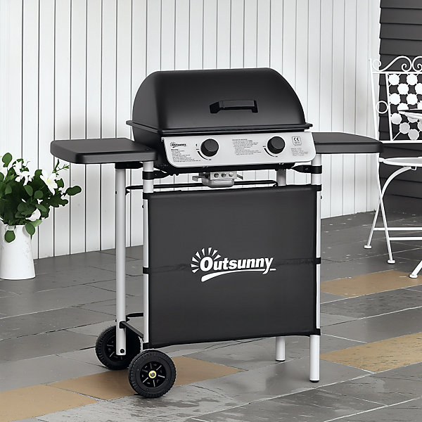 Barbecue gaz 2 brûleurs 2,8kW avec couvercle - grille, récupérateur graisse, 2 tablettes latérales, 2 roues - gris noir