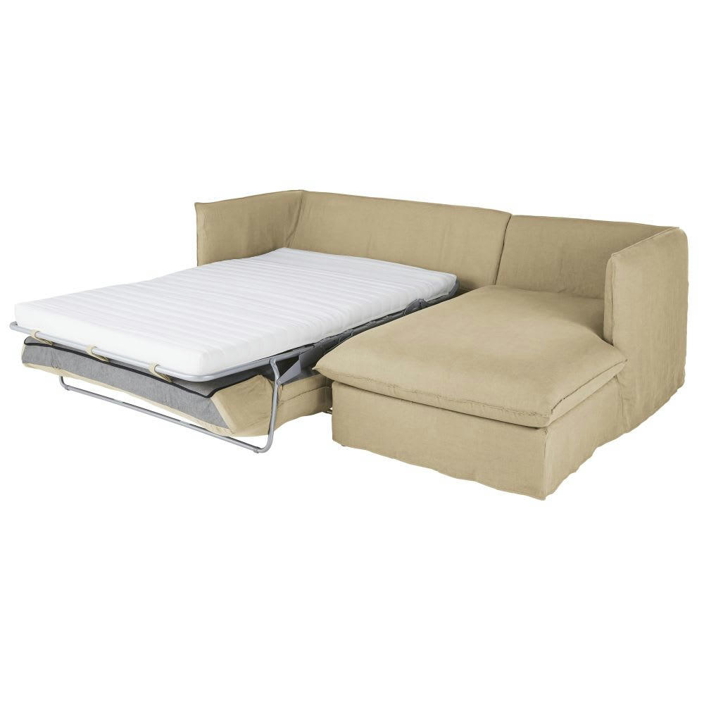 Louvain - Canapé d'angle droit convertible 3/4 places en lin froissé beige ficelle, matelas 10 cm