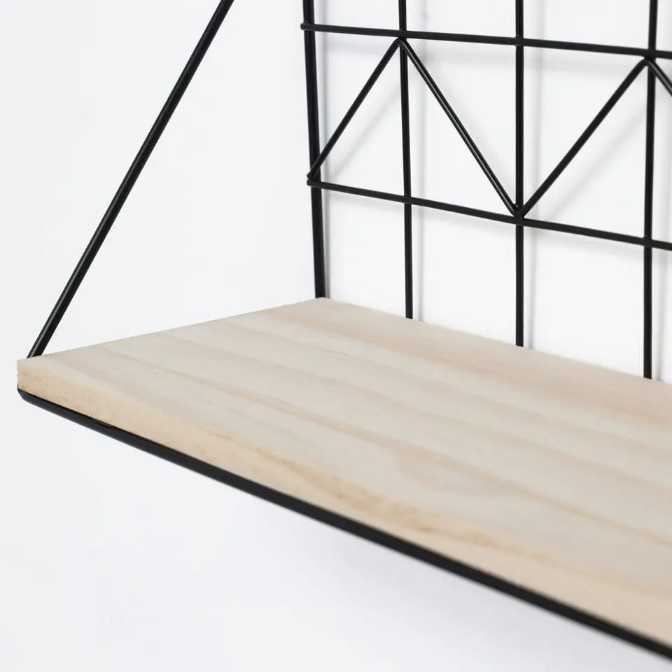 Set van 2 zwarte metalen wandrekjes met houten plankje - 30 en 45 cm