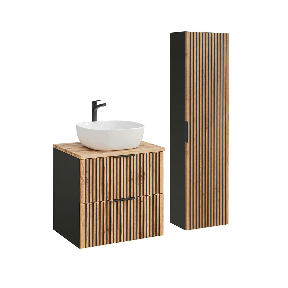 - Ensemble meuble simple vasque 60cm et colonne naturel et noir