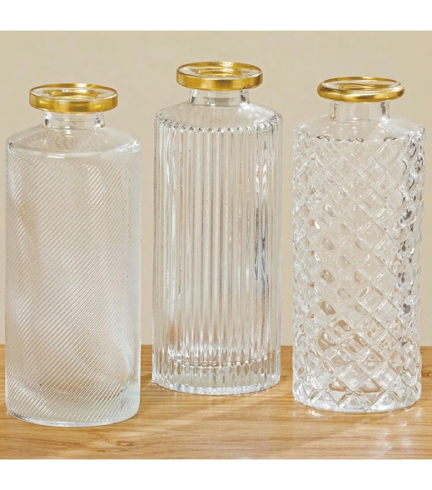 SOLIFLORE - Set de 3 vases verre transparent et doré H13cm