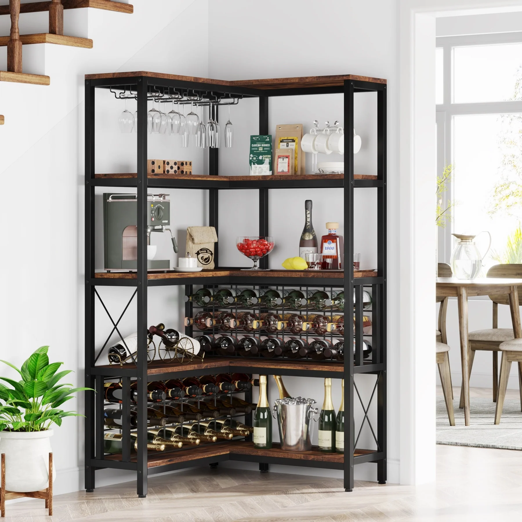Large Corner Wine Rack L Shaped Floor Bar Cabinets for Liquor and Glasses Storage