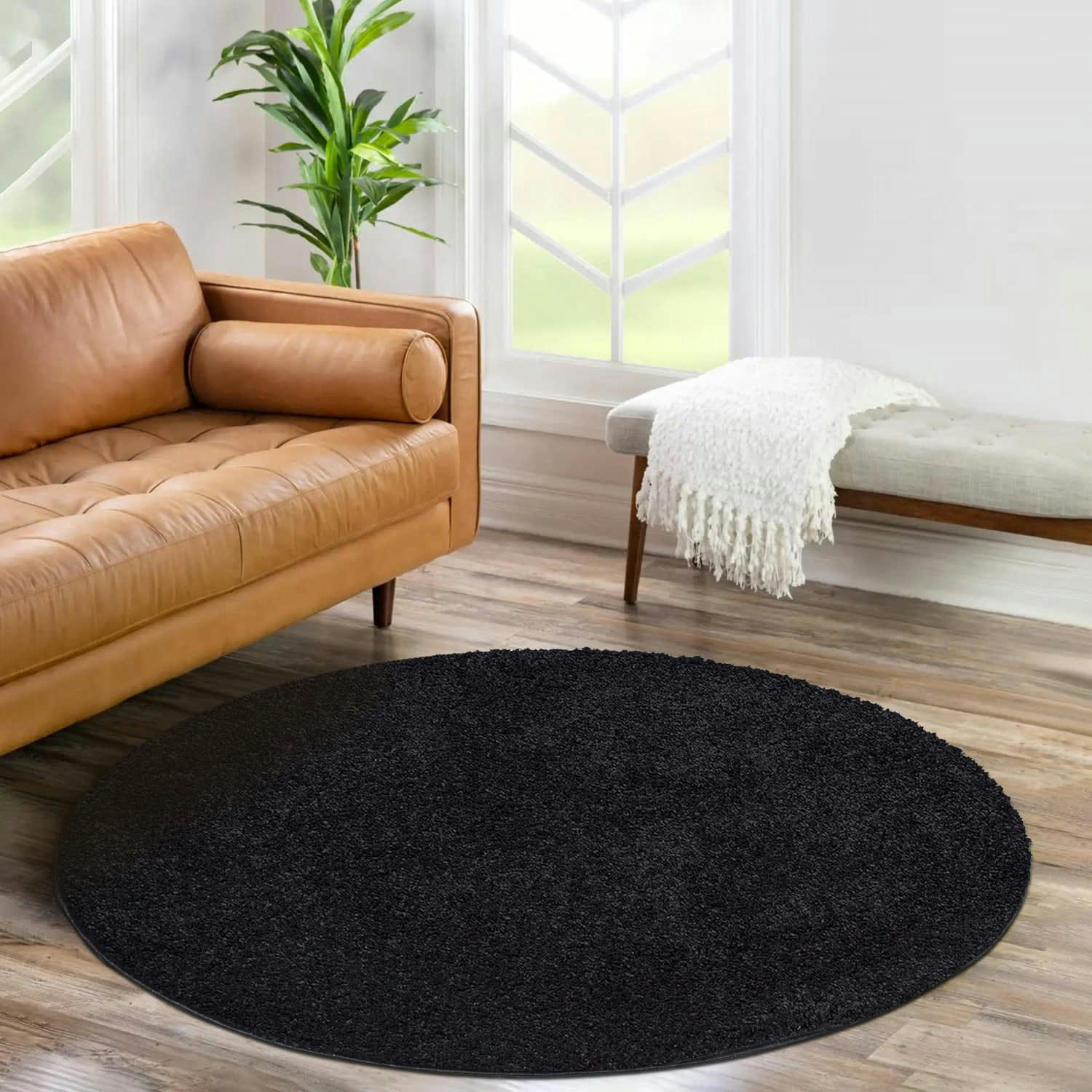 SOFTY - Tapis à poils longs rond SOFTY noir anthracite 80x80cm