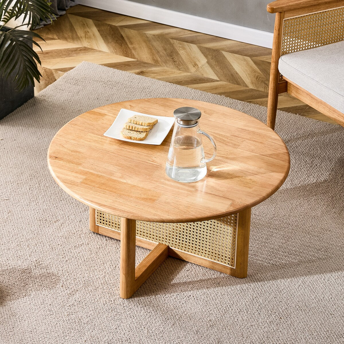 Naturally Wooden Coffee Table with Faux Rattan Accents - for Cozy Tea Time