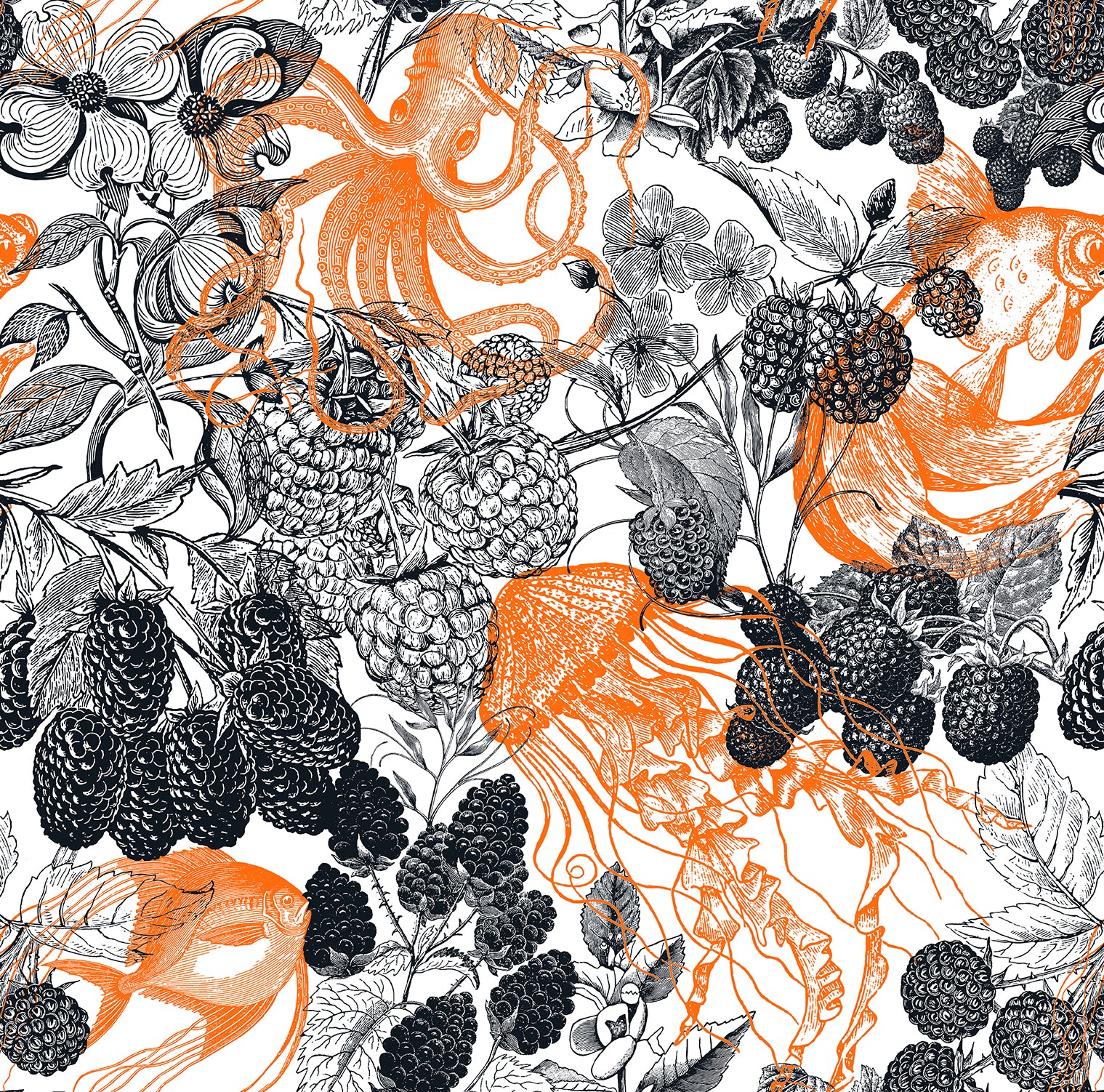 Walls4You behang fruit en dieren zwart en oranje - 53 cm x 10 m - 640118