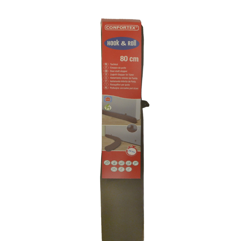 Bas de porte HOOK & ROLL avec 2 crochets adhésifs brun Ø 5,5 x 80 cm CONFORTEX
