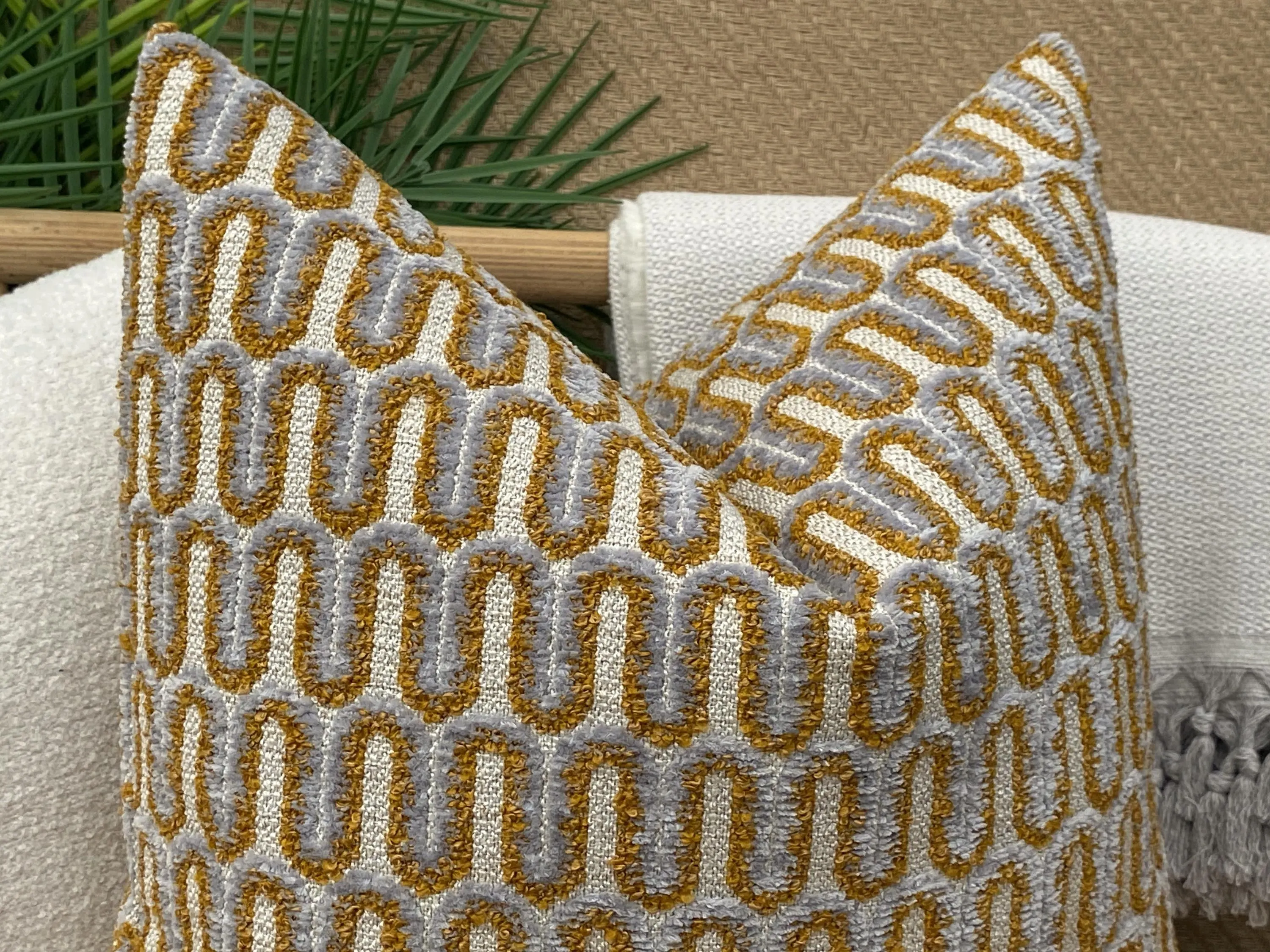 Mustard and Dusty Blue Linen Pillow Cover, Thick and Soft Linen Pillow Cushion, Woven Mustard and Blue Boucle Pillow, Cotton Pillow Fabric