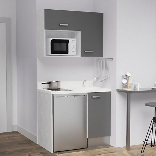Kitchenette K00 - 100 cm - façades Gris - Plan monobloc en quartz coloris Snova évier à droite