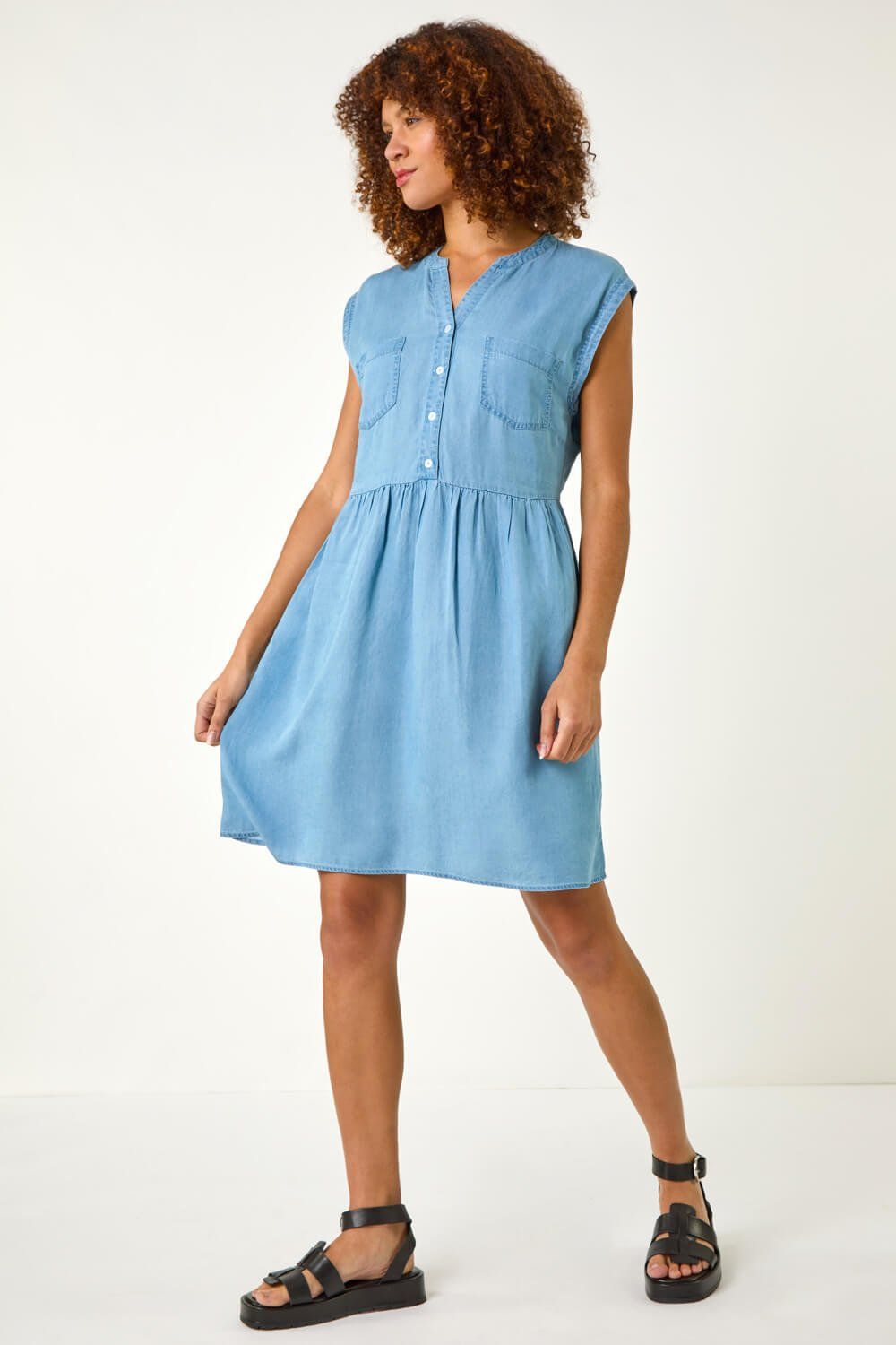Roman Button Detail Gathered Dress
