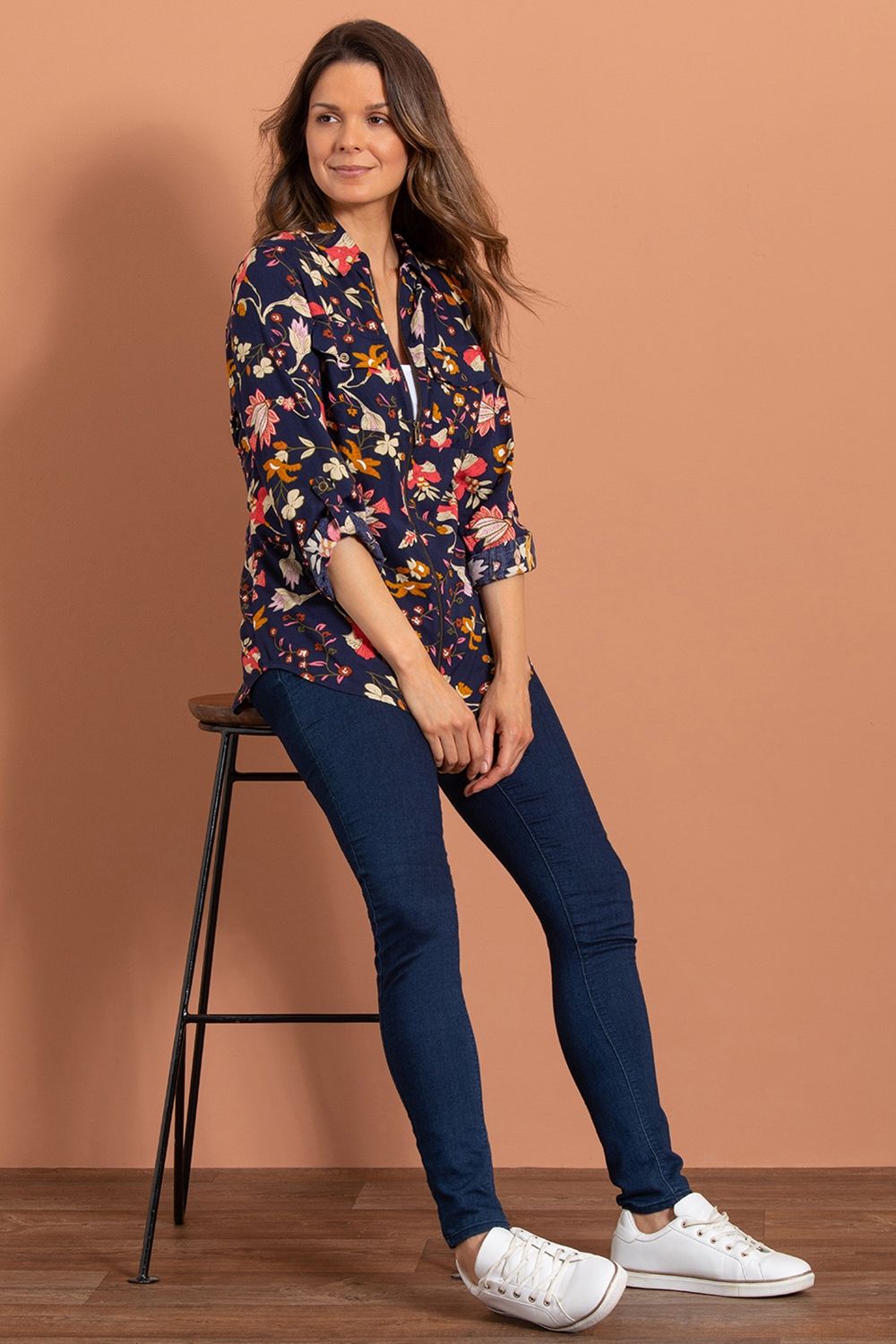 Klass. Floral Print Zip Up Top