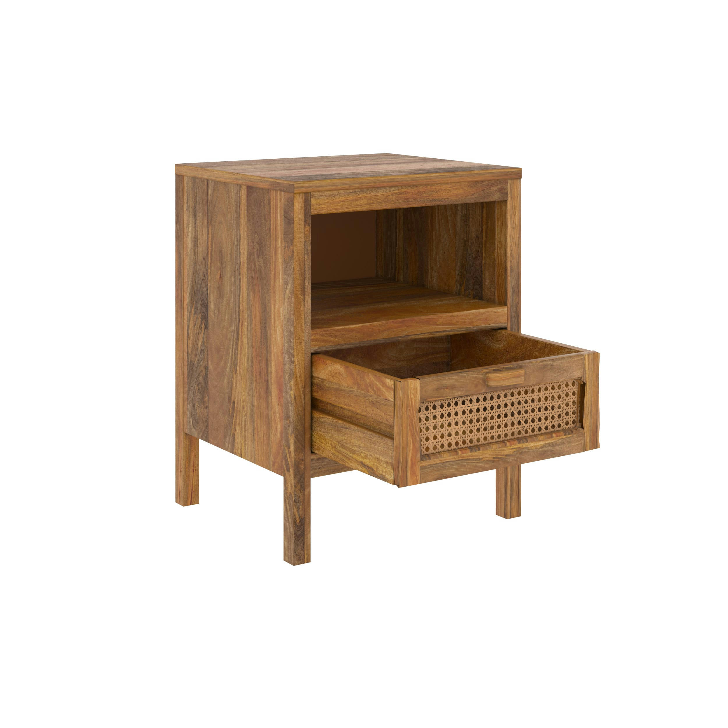 TIKI - Table de chevet en cannage et bois, 1 tiroir et 1 niche