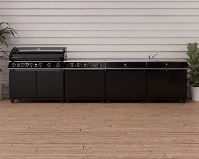 Beefmaster Premium 6 Burner Outdoor Kitchen with Range, Sink & Bench on Classic Carts