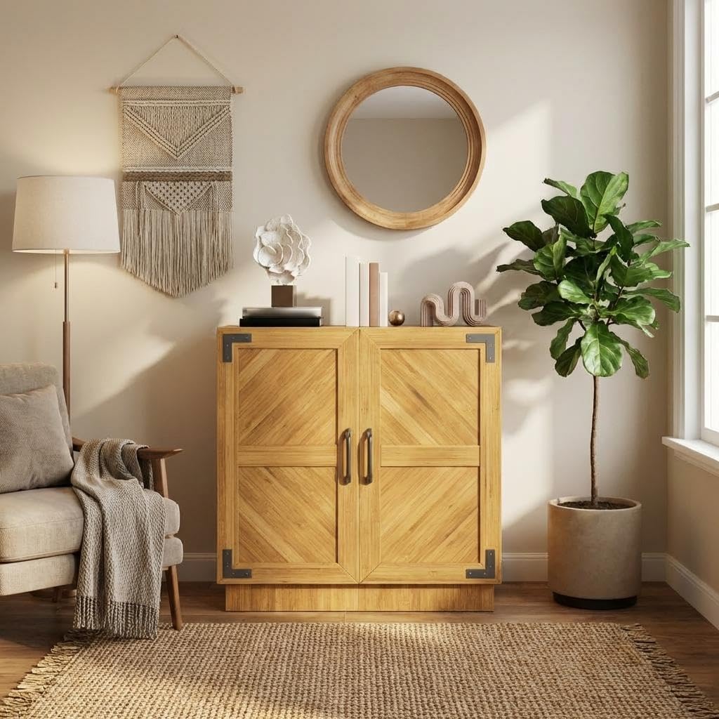 Modern Farmhouse Sideboard Buffet Cabinet - 31.5 Storage Credenza with Adjustable Shelves, Oak & Black Finish for Kitchen, Living Room, Coffee Bar