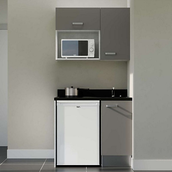 Kitchenette K00 - 100 cm - façades Gris - Plan monobloc en quartz coloris Nero évier à droite - Electroménager Blanc