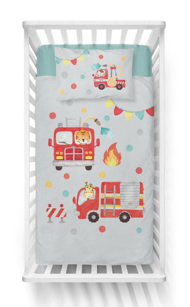 Pościel bambusowa dziecięca 90x120 szara ze strażą pożarną – Baby Bamboo