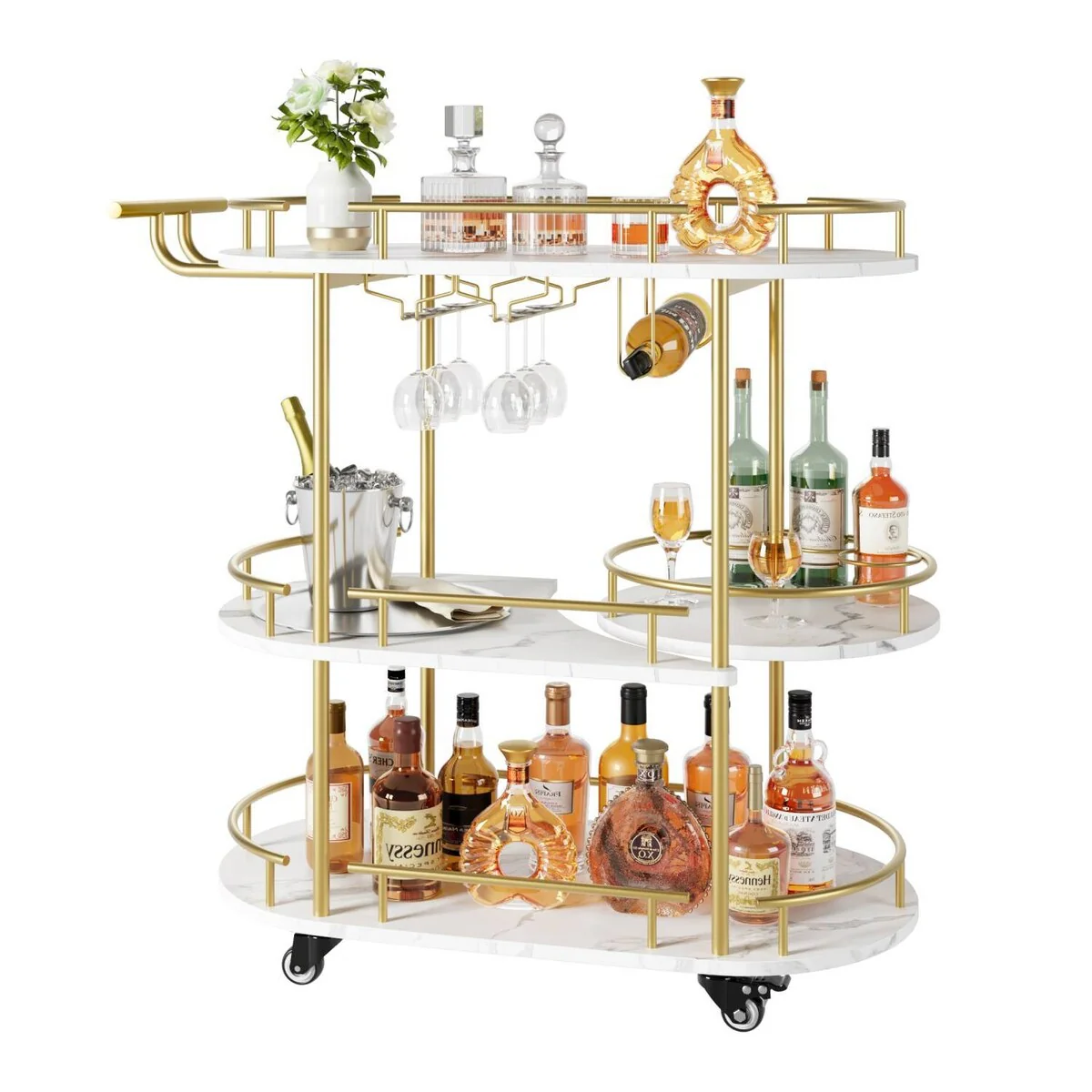 Rotated Gold Bar Cart with Wine Rack and Glass Holder - N/A