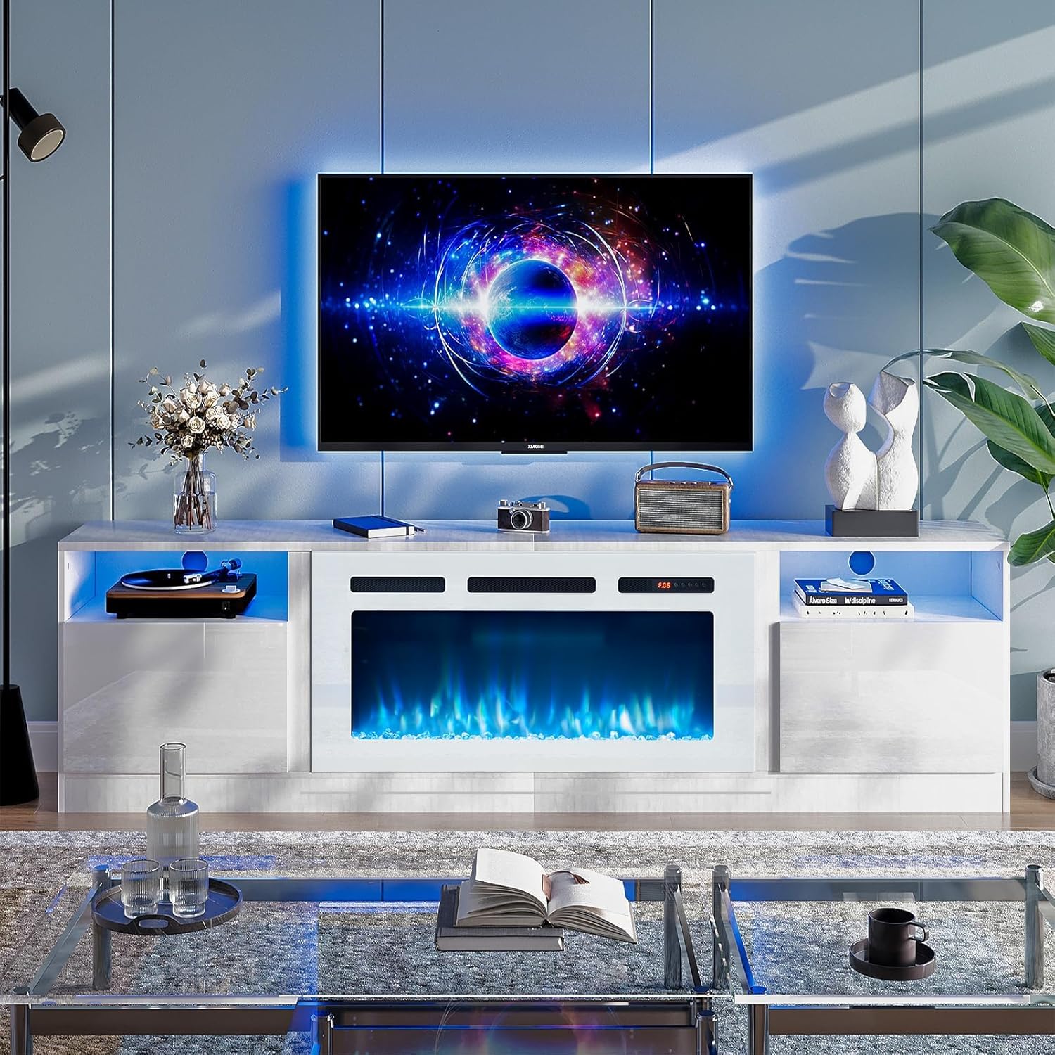 oneinmil 70” TV Stand with 36” Electric Fireplace, Large Modern Media Entertainment Center with Storage Cabinet and 12 Colors LED Lights for TVs Up to 80, White+White