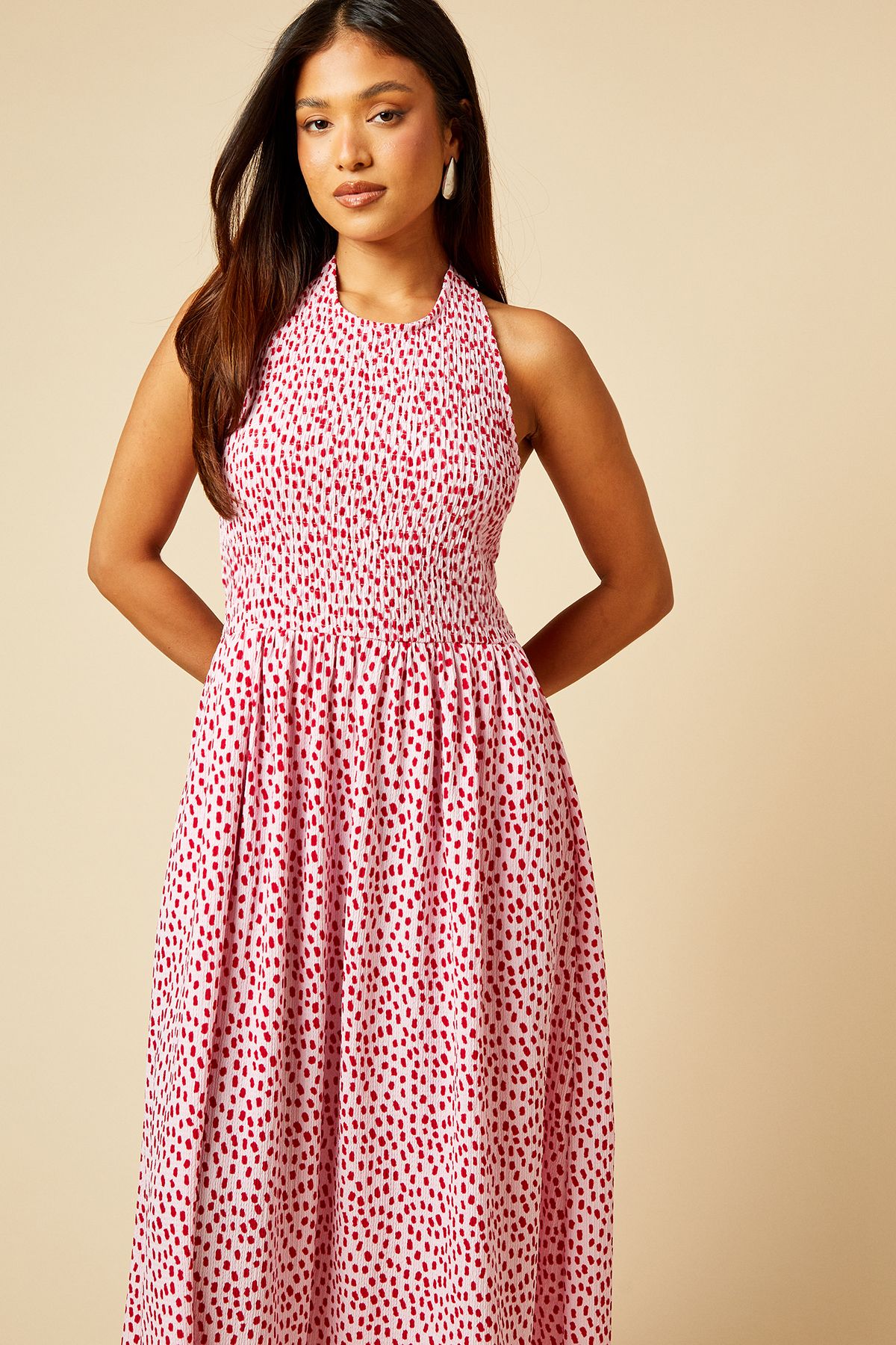 Dorothy Perkins Petite Pink Spot Shirred Bodice Halterneck Jersey Midi Dress