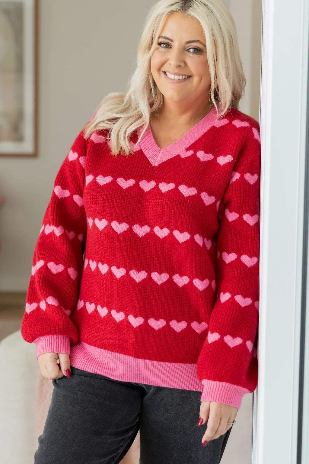 Sienna Knit Sweater in Red/Pink Hearts