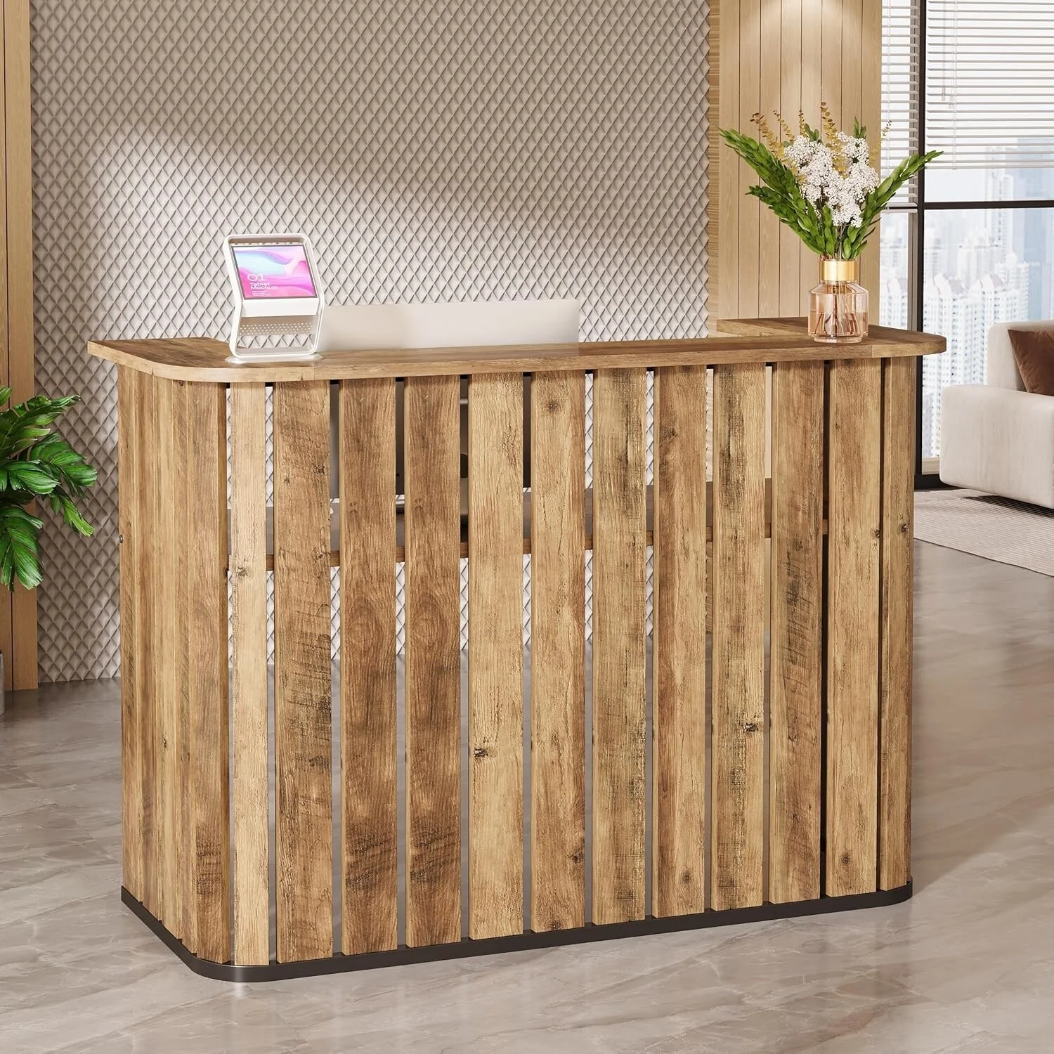 63-Inch Brown MDF Reception Desk, Modern U-Shaped Front Desk with Private Panel for Reception Room