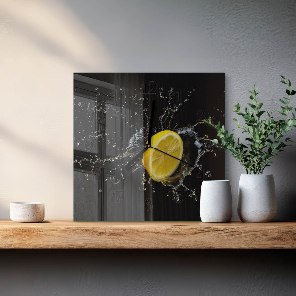 Zegar z grafiką 30x30 Cytrynowy szklany ścienny