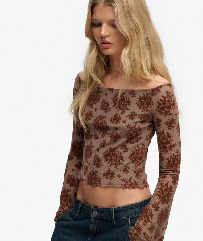 Flocked Mesh Long Sleeve Top