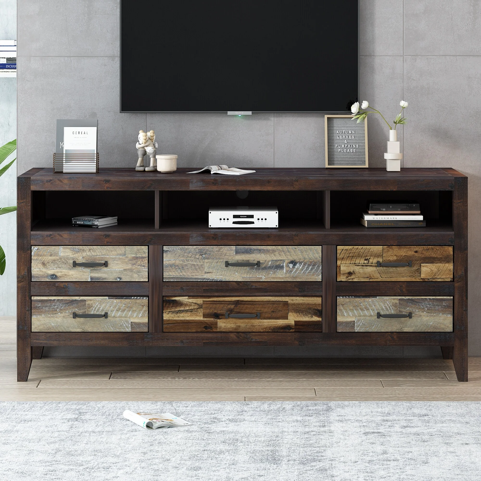 Brown 63.8 Retro Distressed TV Stand with 6 Drawers & 3 Shelves for TVs Up to 65
