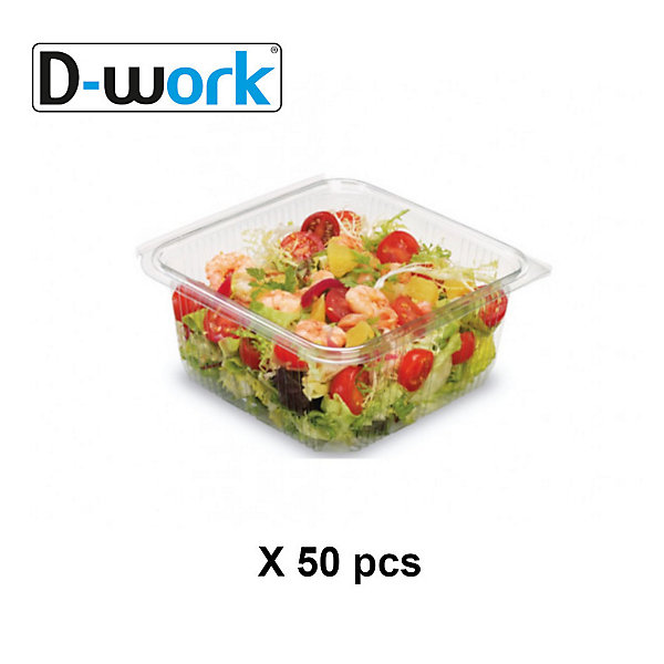 50 Barquettes à Salade 1500 ml avec Couvercle Attenant (192x184xH.80mm) en PET Pratiques, Hermétiques et Résistantes - D-Work