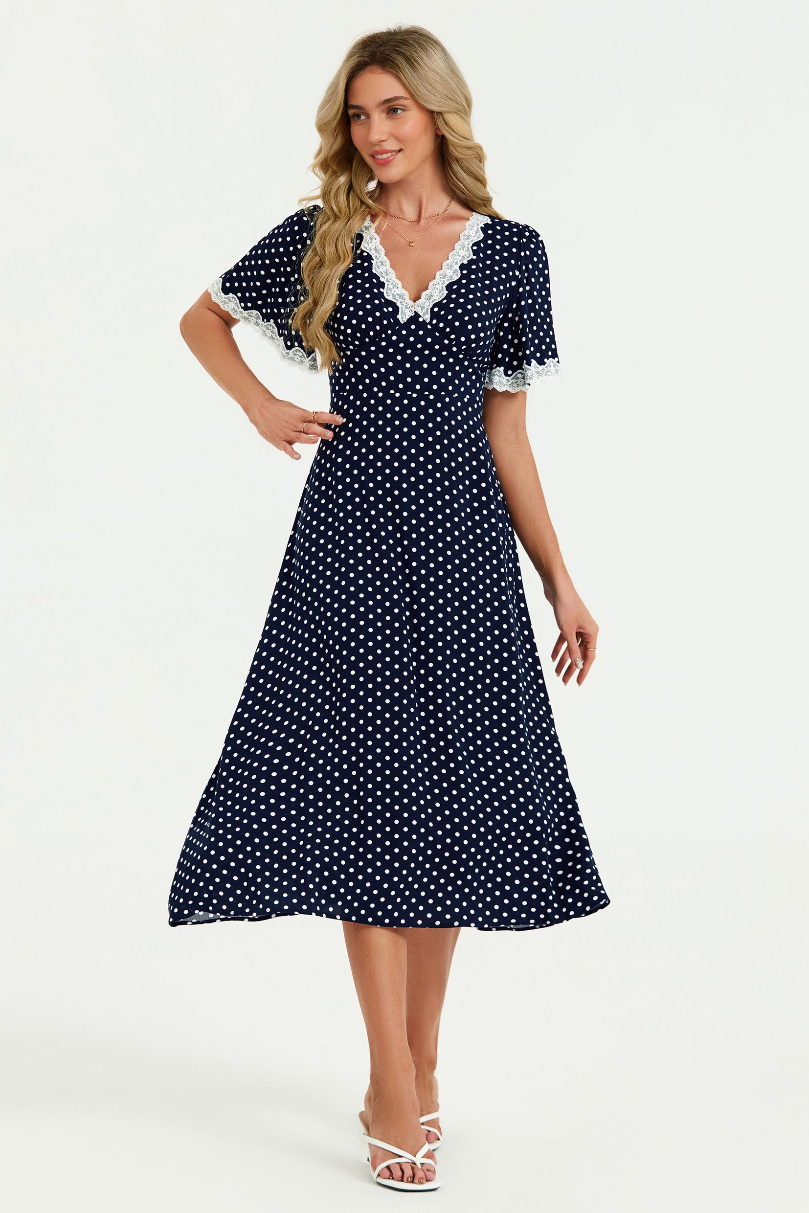 FS Collection Lace Trim Dot Print Midi Dress In Navy