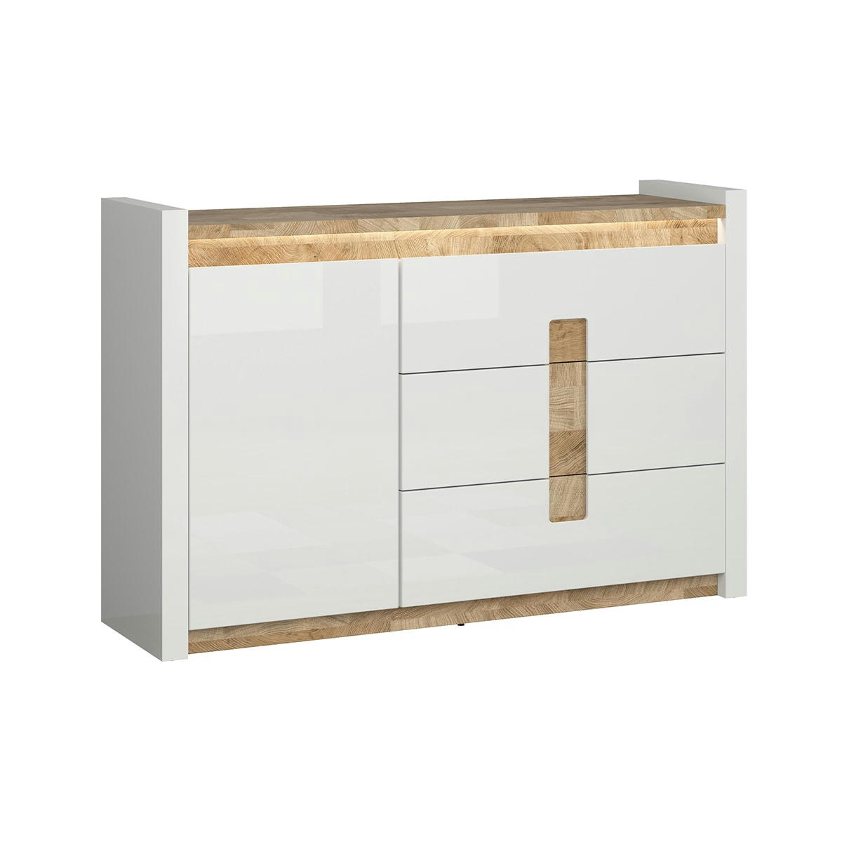- Buffet 1 porte 3 tiroirs avec led blanc laqué et naturel