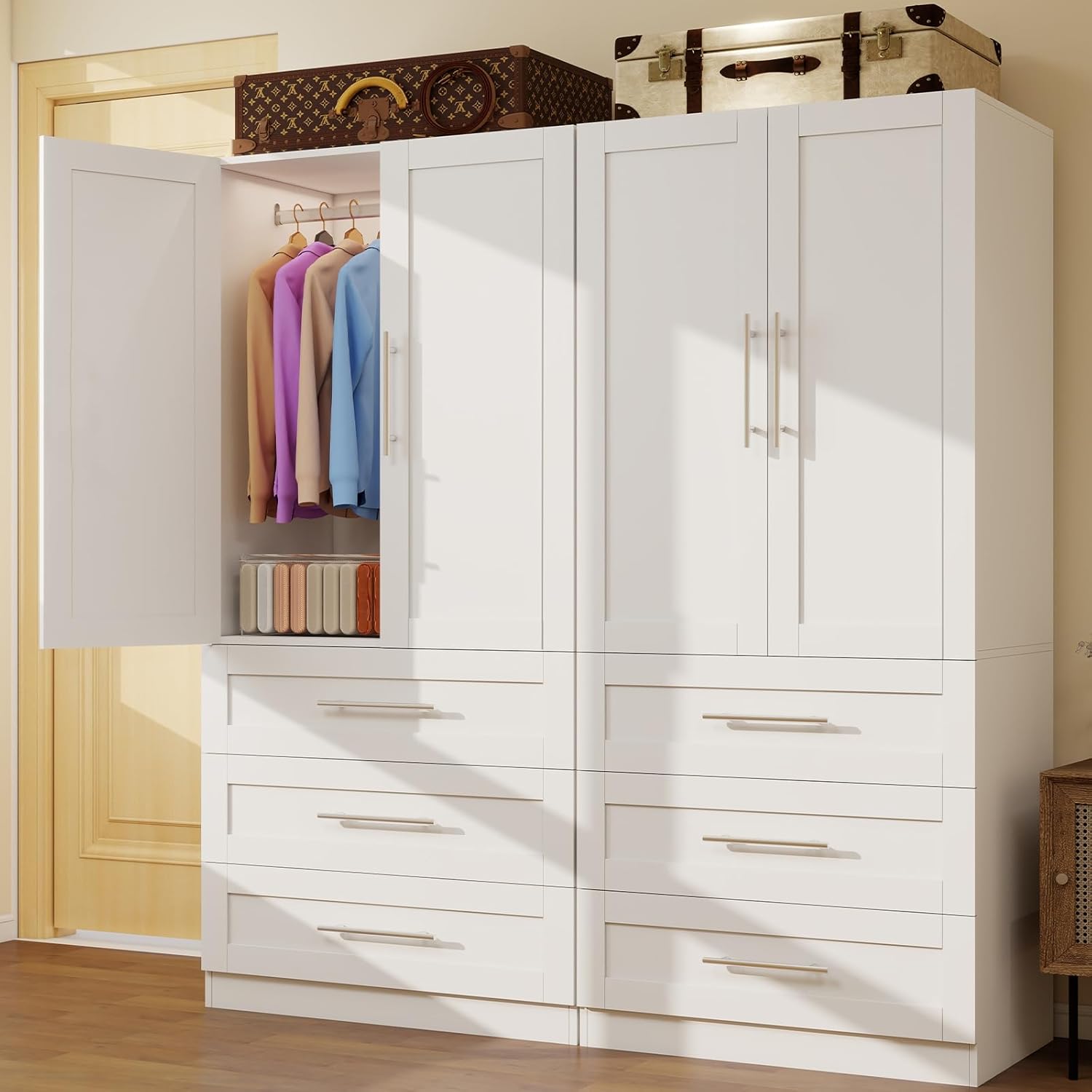 Armoire Wardrobe Closet with 6 Deep Drawers and Doors 71 Clothing Storage Cabinet with Hanging Rod Wooden Wardrobe Cabinet for Bedroom, Large Capacity Storage White, 2 Sets