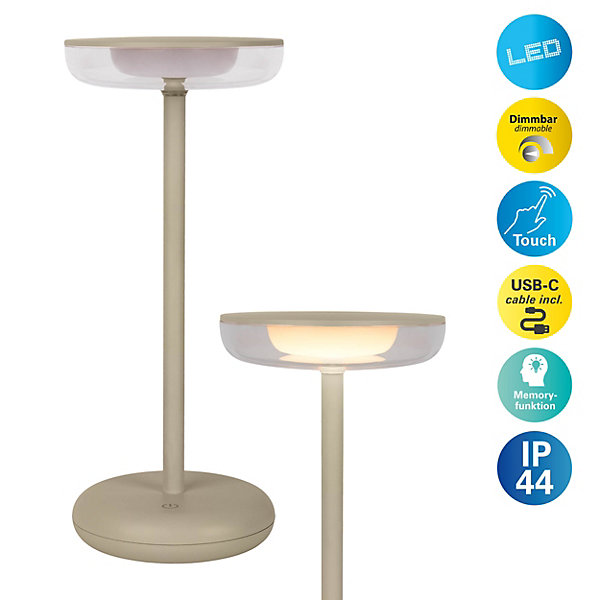 Lampe de table à accu PASI intérieur extérieur métal plastique beige intensité variable tactile fonction mémoire hauteur 26cm
